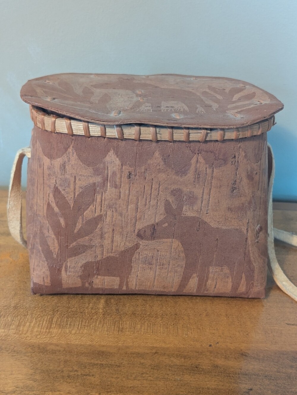 Vintage Indigenous Scraped Birch Bark Container w/ Lid & Leather Strap